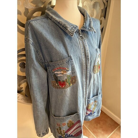 Passion-I Denim Jacket 2X Zip Arizona Grand Canyon State Embroidered Pockets USA - Picture 5 of 12